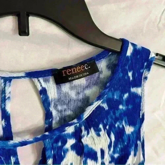 Renee C. Blue & White Watercolor Sleeveless Blouse w/ Keyhole Cutouts Size S - Picture 3 of 3